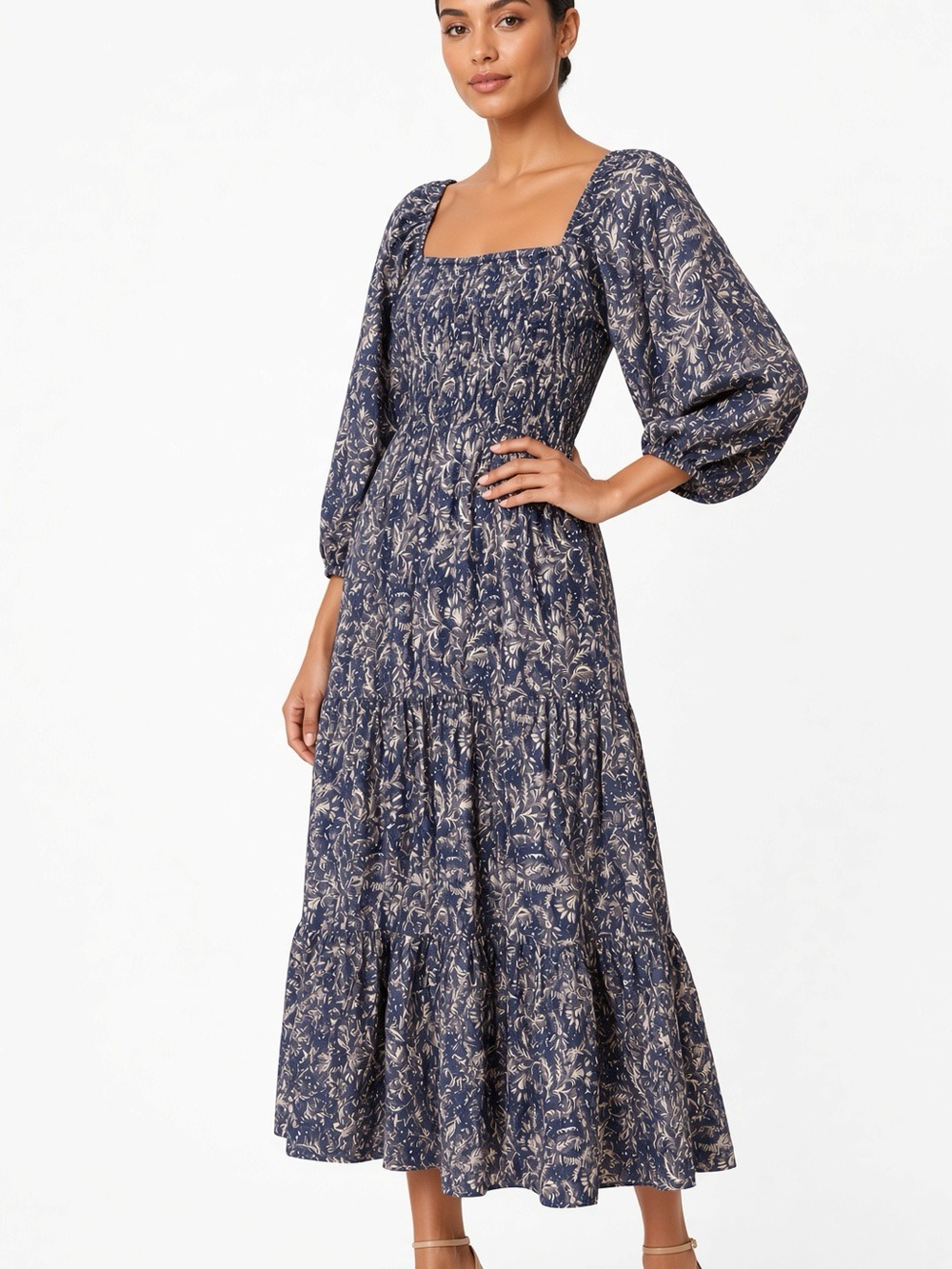 NWT Lucy Paris Raissa Dress L Navy Floral Smocked Puff Sleeve Midi